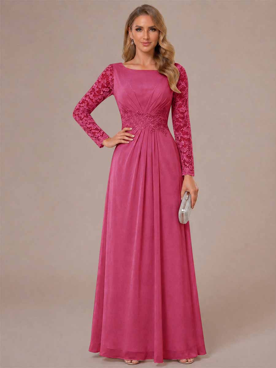 A-Line/Princess Scoop Long Sleeves Ruched Mother of the Bride Dresses with Appliques