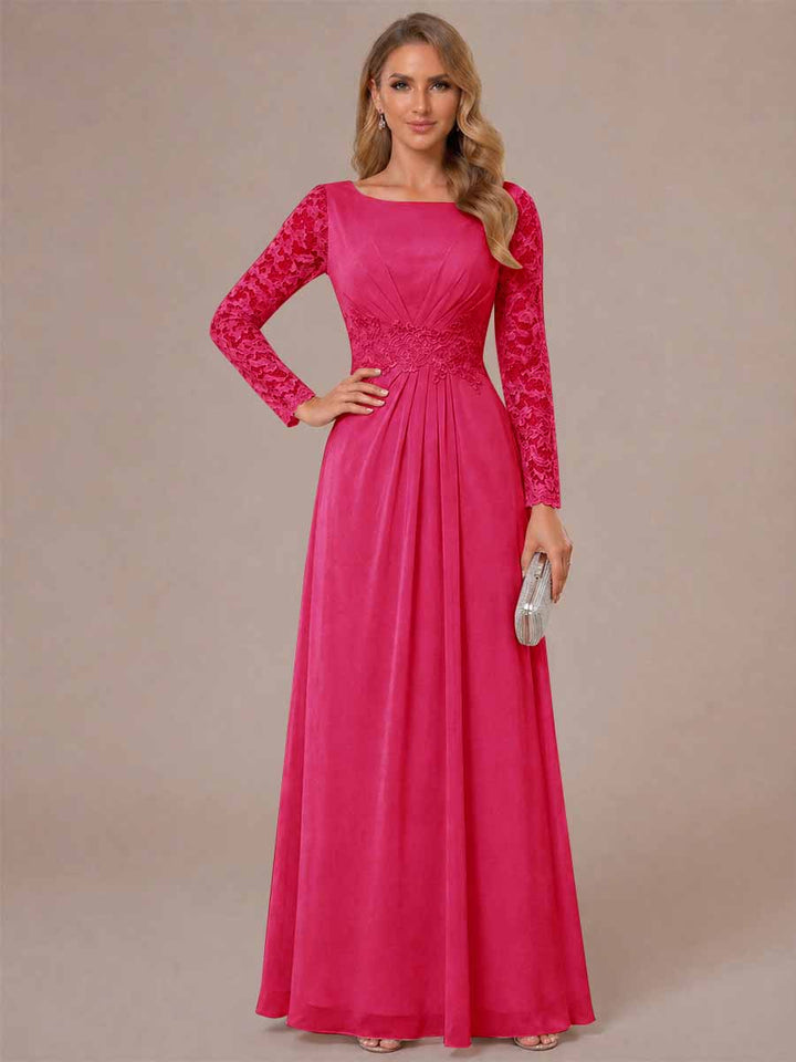 A-Line/Princess Scoop Long Sleeves Ruched Mother of the Bride Dresses with Appliques