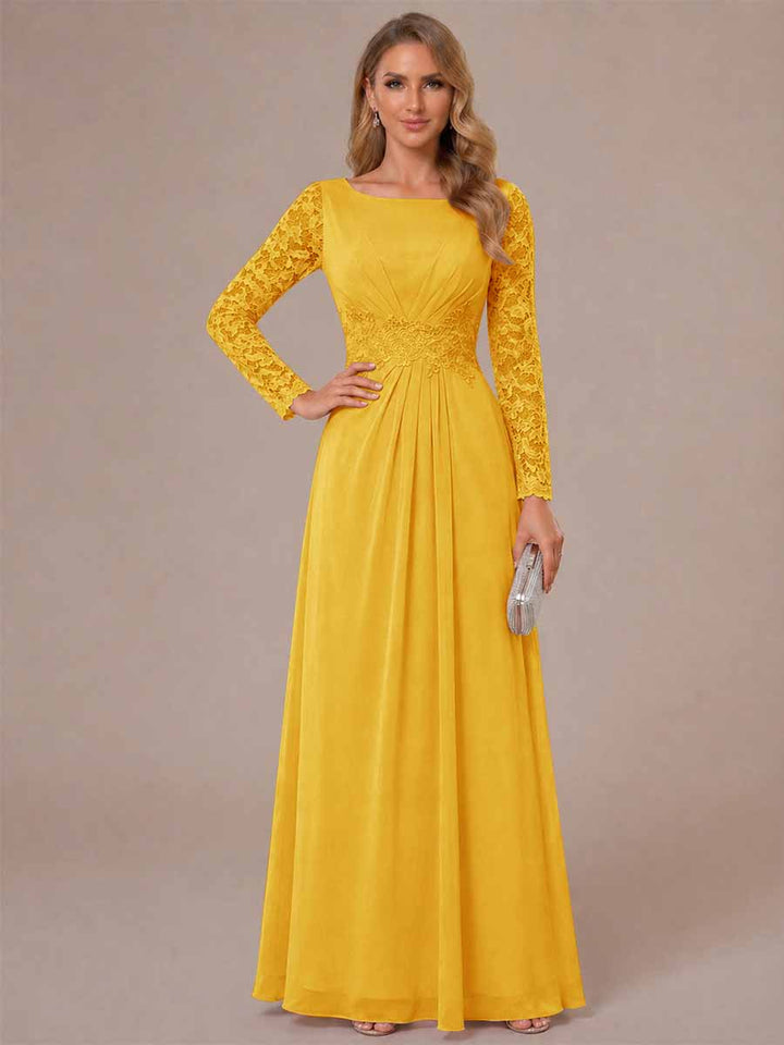 A-Line/Princess Scoop Long Sleeves Ruched Mother of the Bride Dresses with Appliques