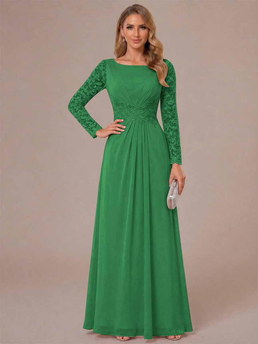 A-Line/Princess Scoop Long Sleeves Ruched Mother of the Bride Dresses with Appliques
