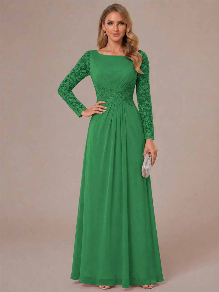 A-Line/Princess Scoop Long Sleeves Ruched Mother of the Bride Dresses with Appliques