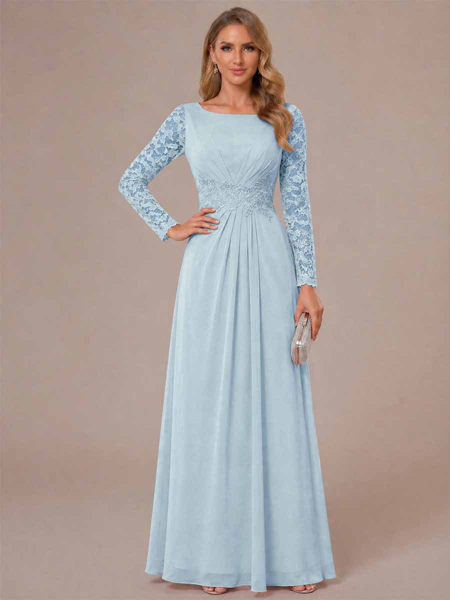 A-Line/Princess Scoop Long Sleeves Ruched Mother of the Bride Dresses with Appliques