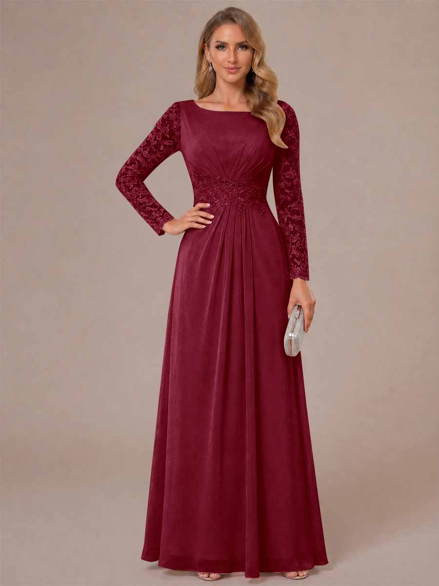 A-Line/Princess Scoop Long Sleeves Ruched Mother of the Bride Dresses with Appliques