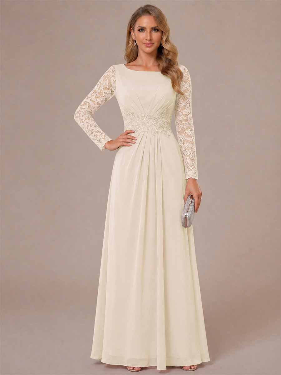 A-Line/Princess Scoop Long Sleeves Ruched Mother of the Bride Dresses with Appliques