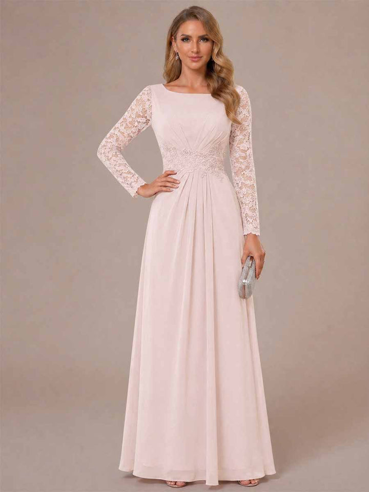 A-Line/Princess Scoop Long Sleeves Ruched Mother of the Bride Dresses with Appliques