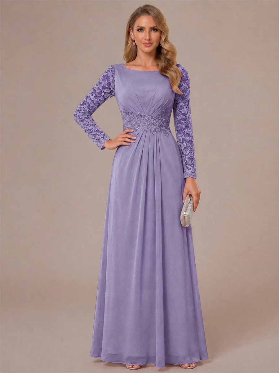 A-Line/Princess Scoop Long Sleeves Ruched Mother of the Bride Dresses with Appliques