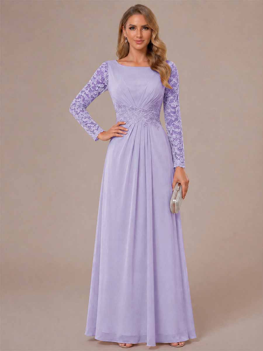 A-Line/Princess Scoop Long Sleeves Ruched Mother of the Bride Dresses with Appliques