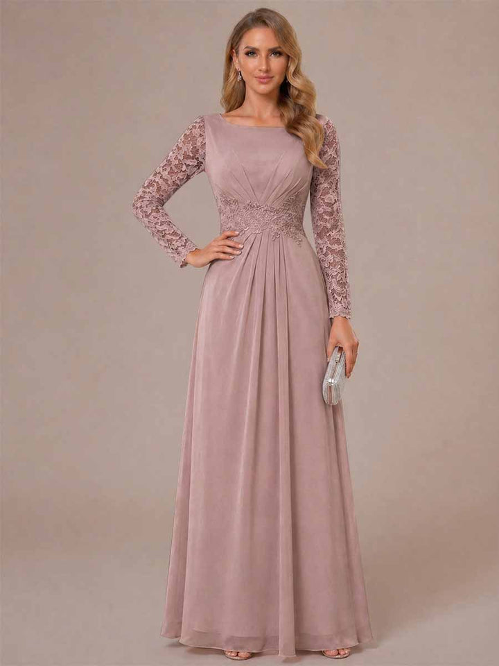 A-Line/Princess Scoop Long Sleeves Ruched Mother of the Bride Dresses with Appliques