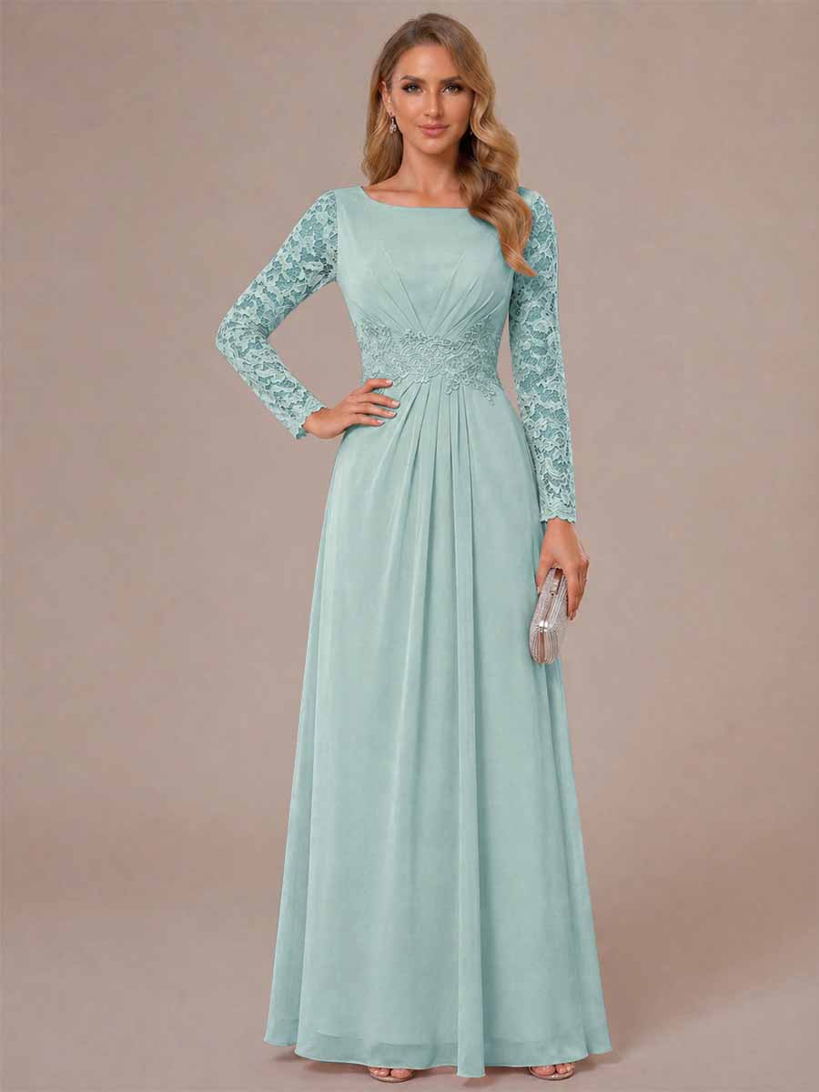 A-Line/Princess Scoop Long Sleeves Ruched Mother of the Bride Dresses with Appliques