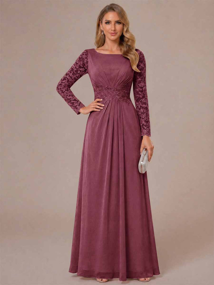 A-Line/Princess Scoop Long Sleeves Ruched Mother of the Bride Dresses with Appliques