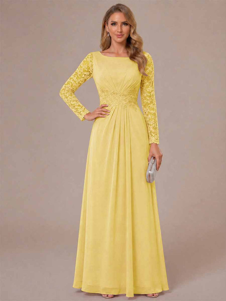 A-Line/Princess Scoop Long Sleeves Ruched Mother of the Bride Dresses with Appliques