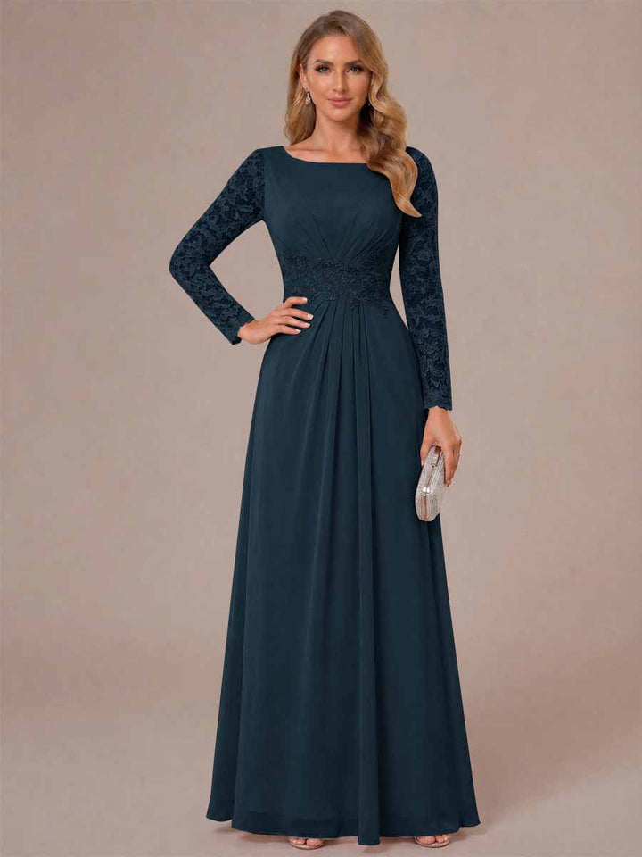 A-Line/Princess Scoop Long Sleeves Ruched Mother of the Bride Dresses with Appliques