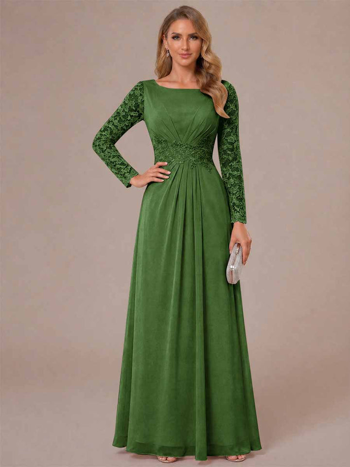 A-Line/Princess Scoop Long Sleeves Ruched Mother of the Bride Dresses with Appliques