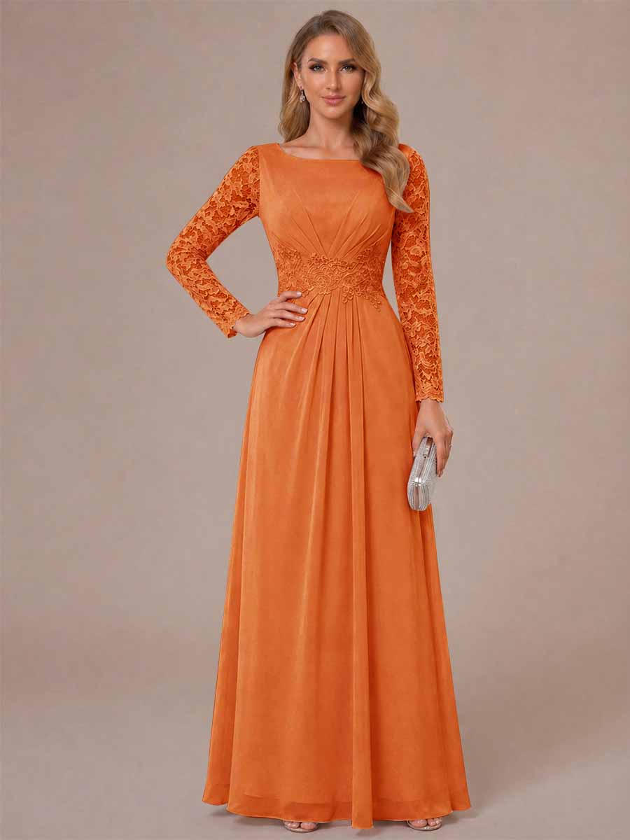 A-Line/Princess Scoop Long Sleeves Ruched Mother of the Bride Dresses with Appliques