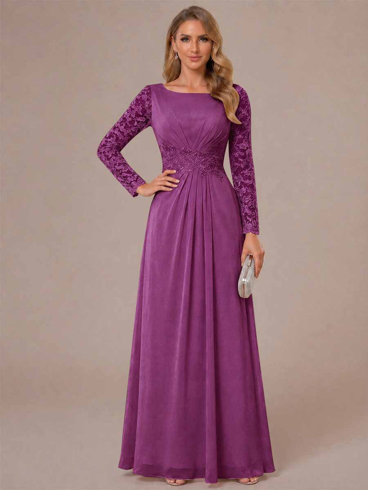A-Line/Princess Scoop Long Sleeves Ruched Mother of the Bride Dresses with Appliques