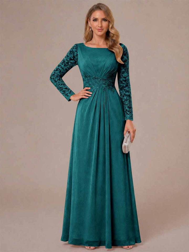 A-Line/Princess Scoop Long Sleeves Ruched Mother of the Bride Dresses with Appliques