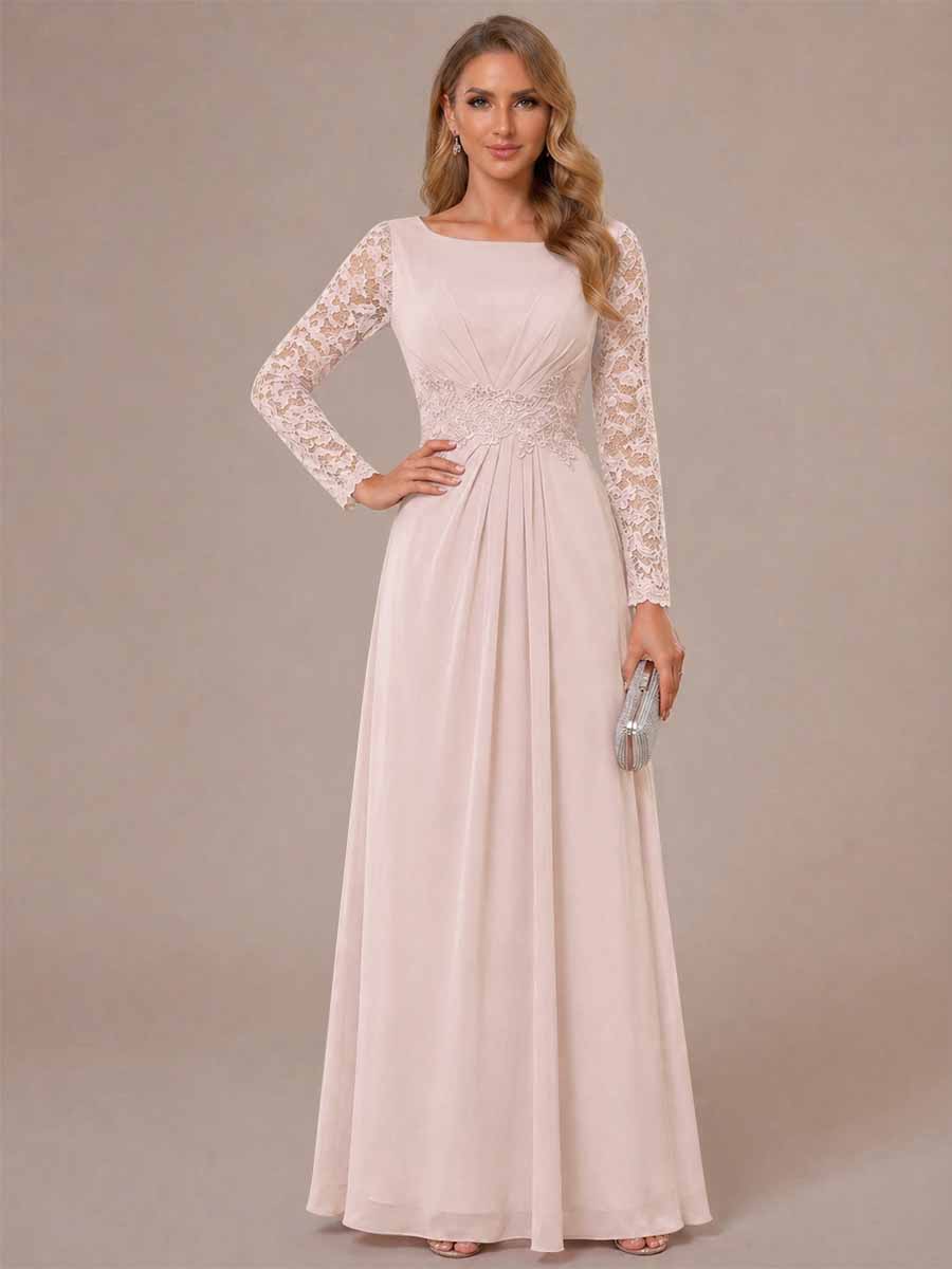 A-Line/Princess Scoop Long Sleeves Ruched Mother of the Bride Dresses with Appliques