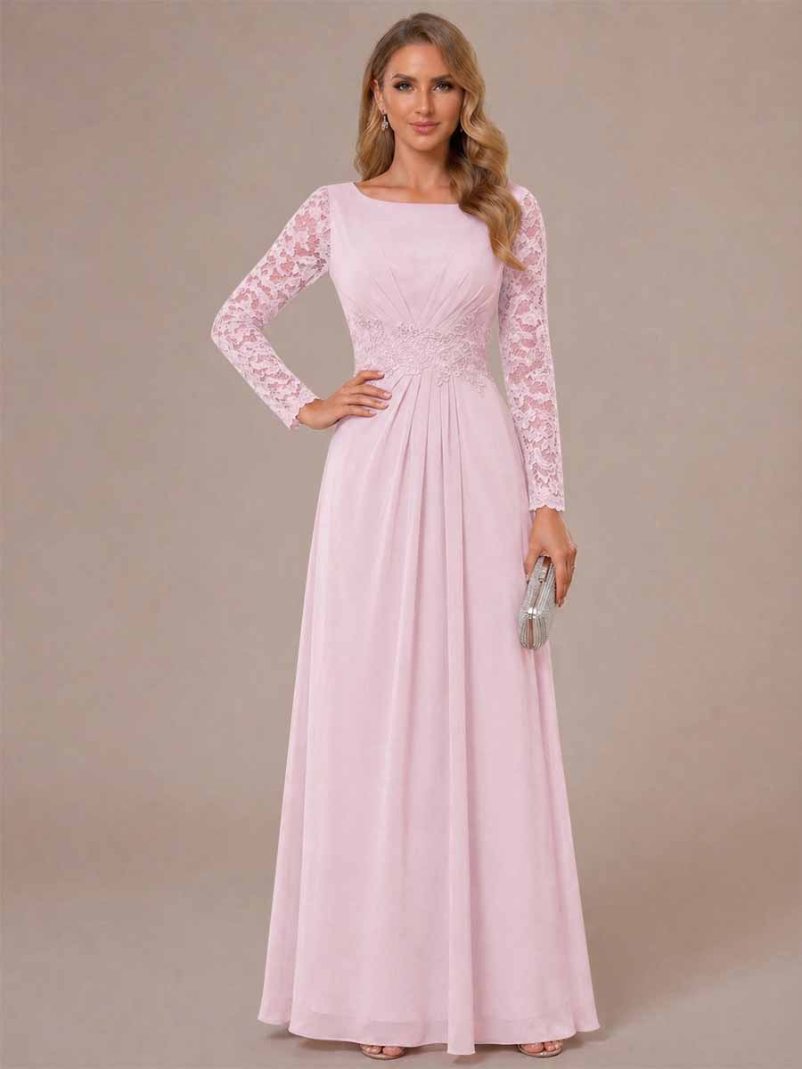 A-Line/Princess Scoop Long Sleeves Ruched Mother of the Bride Dresses with Appliques