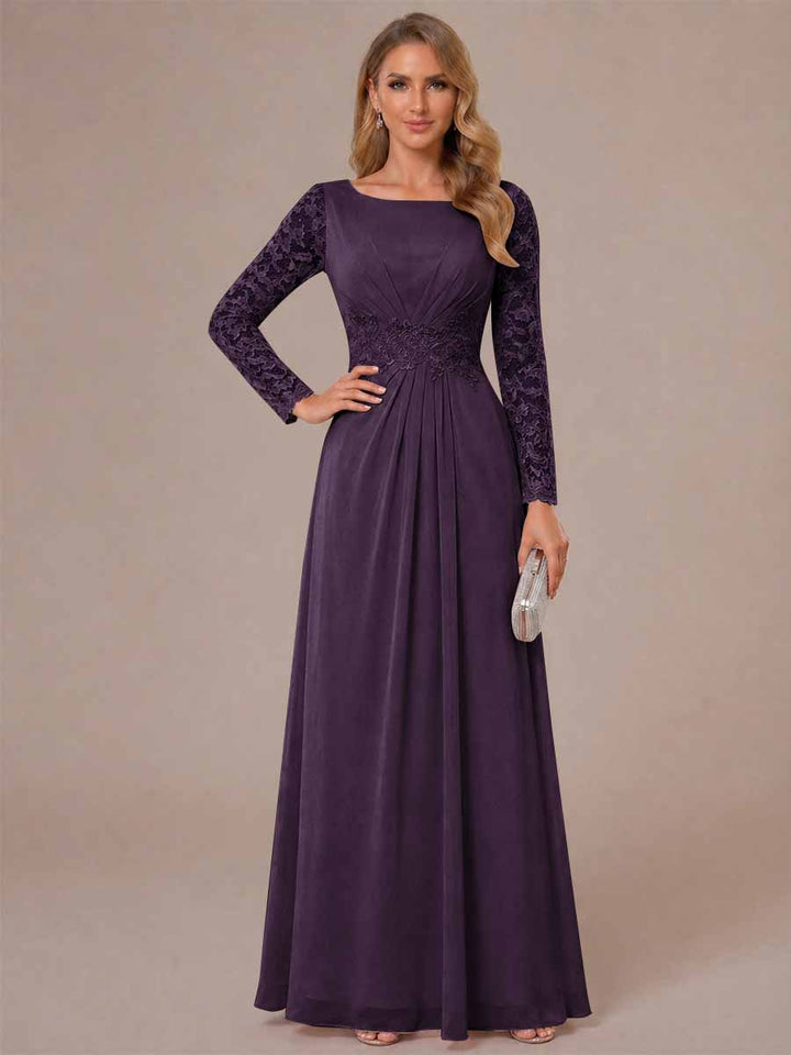 A-Line/Princess Scoop Long Sleeves Ruched Mother of the Bride Dresses with Appliques