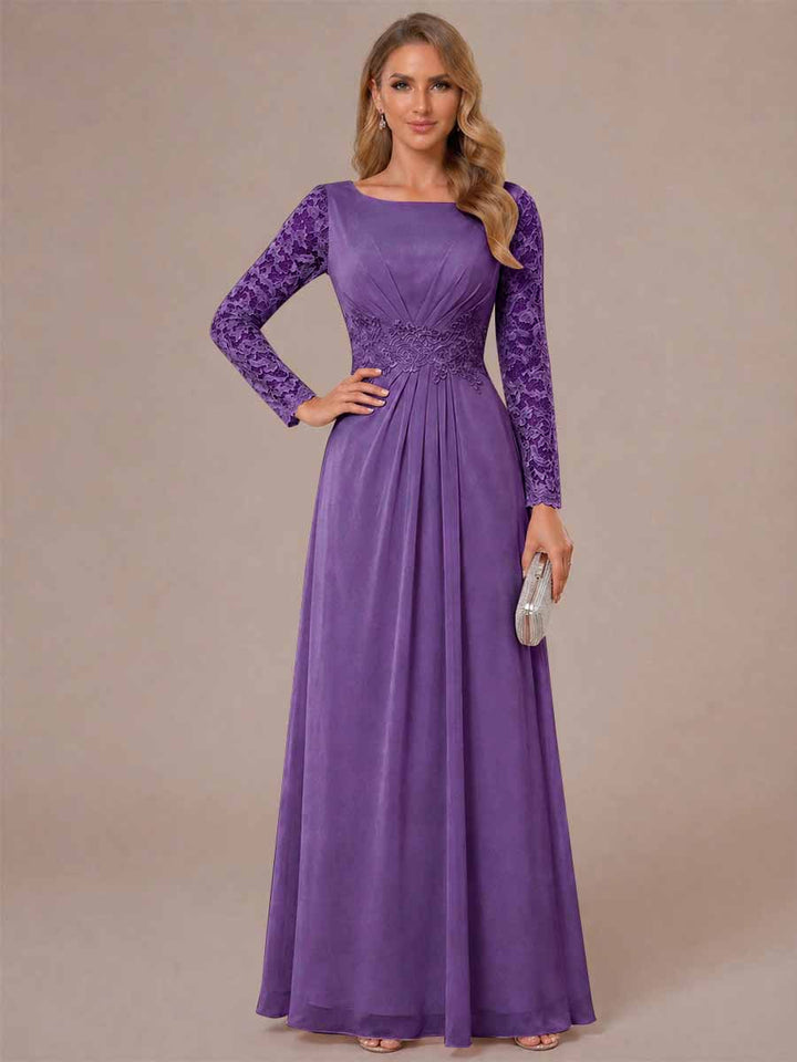 A-Line/Princess Scoop Long Sleeves Ruched Mother of the Bride Dresses with Appliques