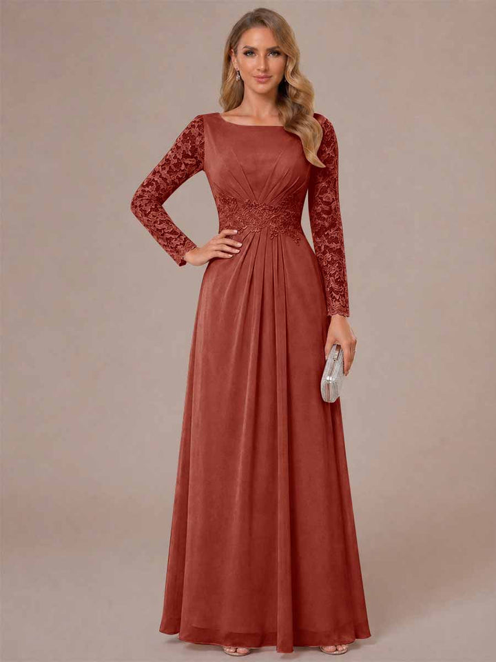 A-Line/Princess Scoop Long Sleeves Ruched Mother of the Bride Dresses with Appliques