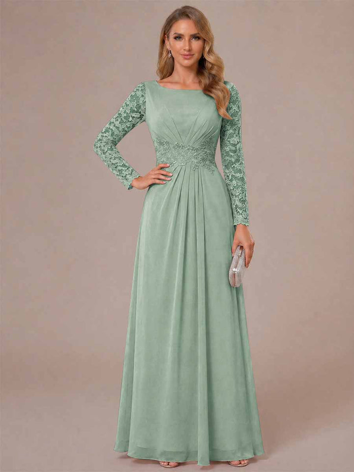A-Line/Princess Scoop Long Sleeves Ruched Mother of the Bride Dresses with Appliques