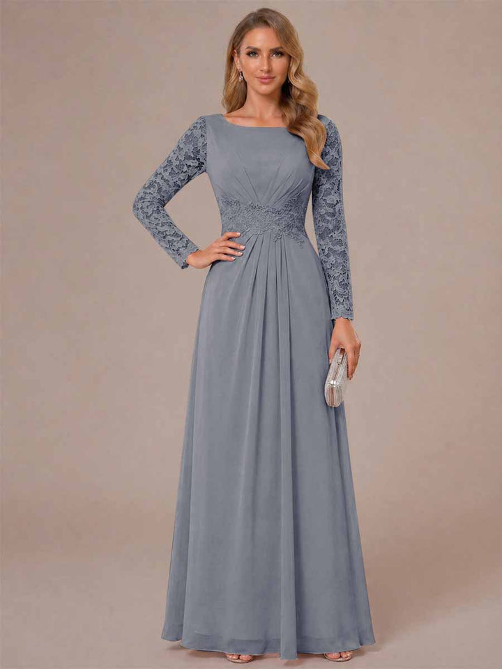 A-Line/Princess Scoop Long Sleeves Ruched Mother of the Bride Dresses with Appliques