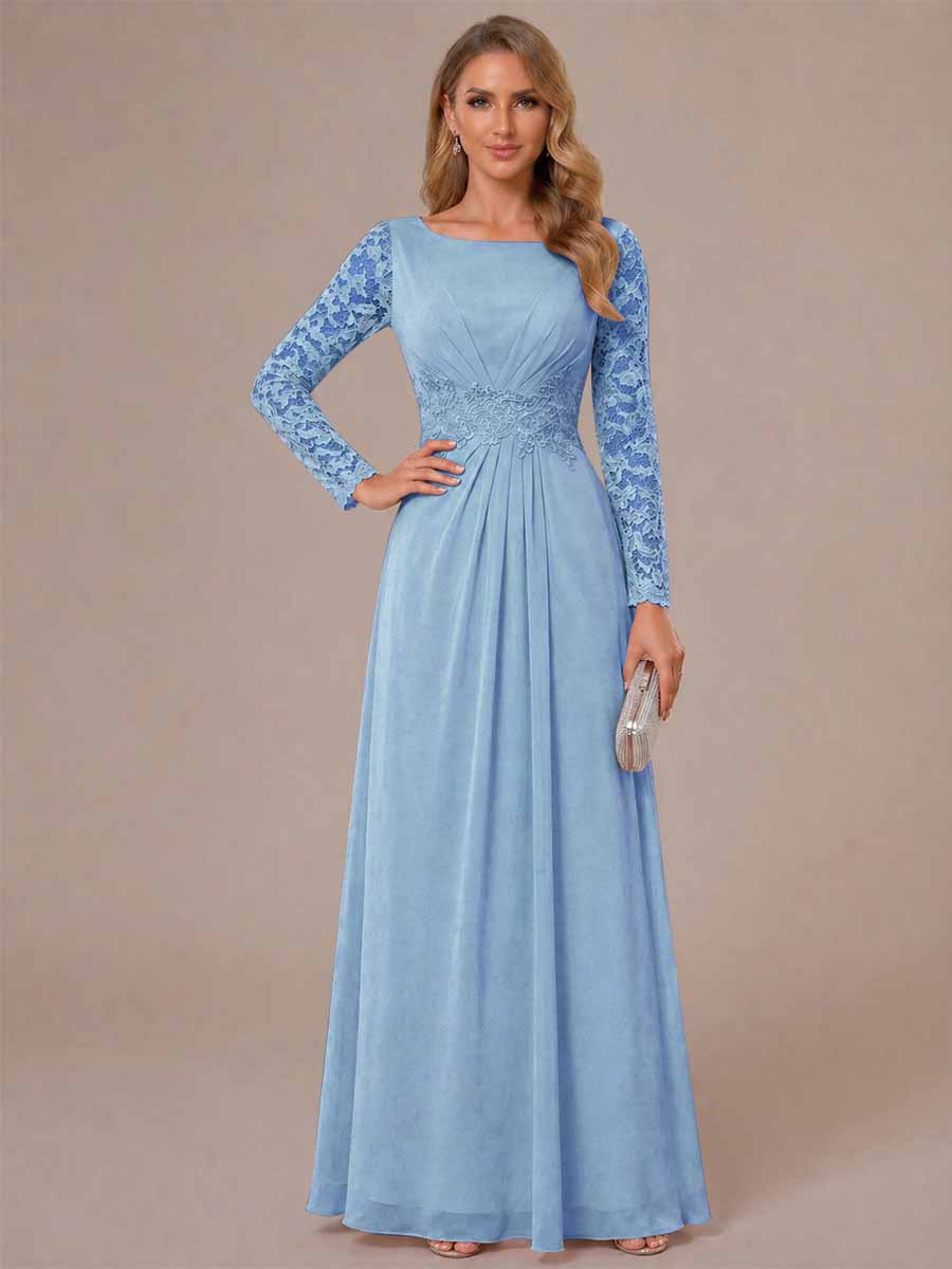 A-Line/Princess Scoop Long Sleeves Ruched Mother of the Bride Dresses with Appliques