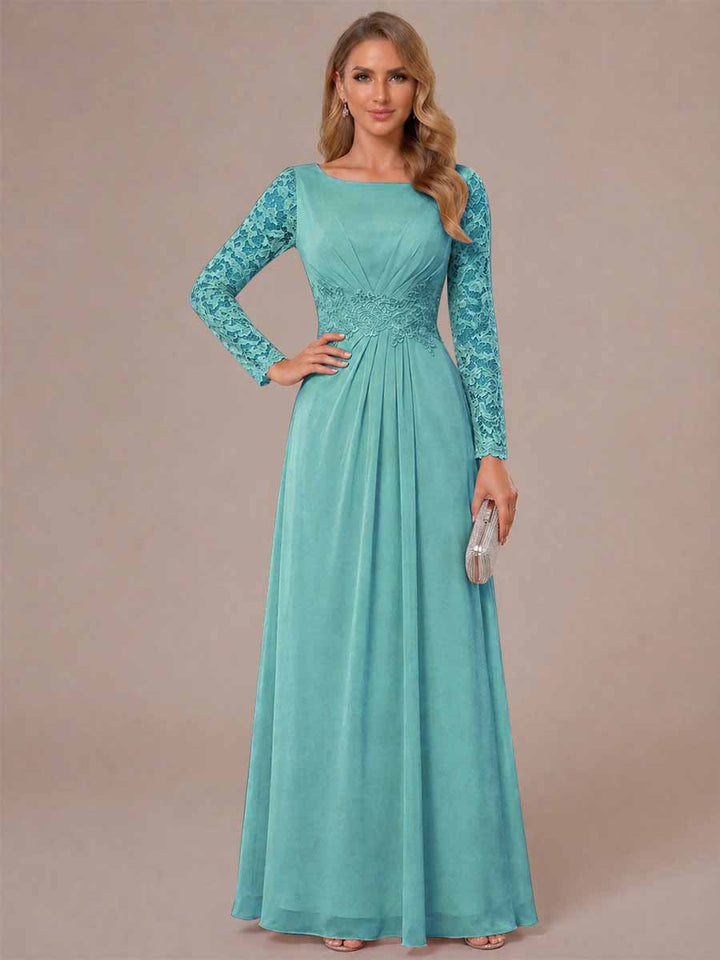 A-Line/Princess Scoop Long Sleeves Ruched Mother of the Bride Dresses with Appliques