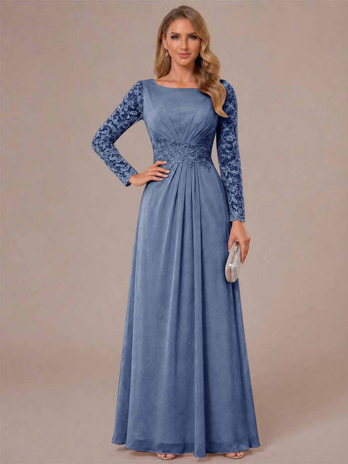 A-Line/Princess Scoop Long Sleeves Ruched Mother of the Bride Dresses with Appliques