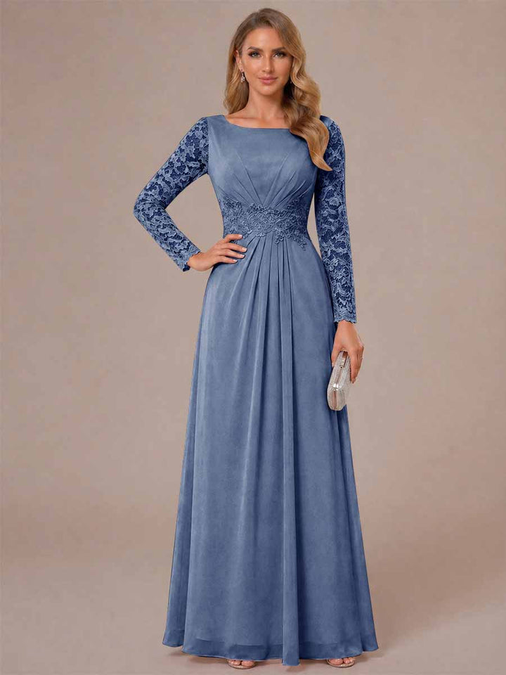 A-Line/Princess Scoop Long Sleeves Ruched Mother of the Bride Dresses with Appliques