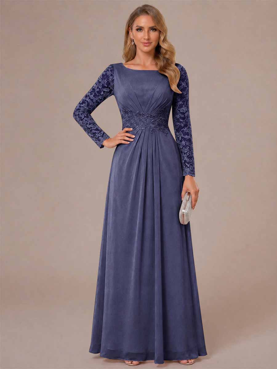 A-Line/Princess Scoop Long Sleeves Ruched Mother of the Bride Dresses with Appliques