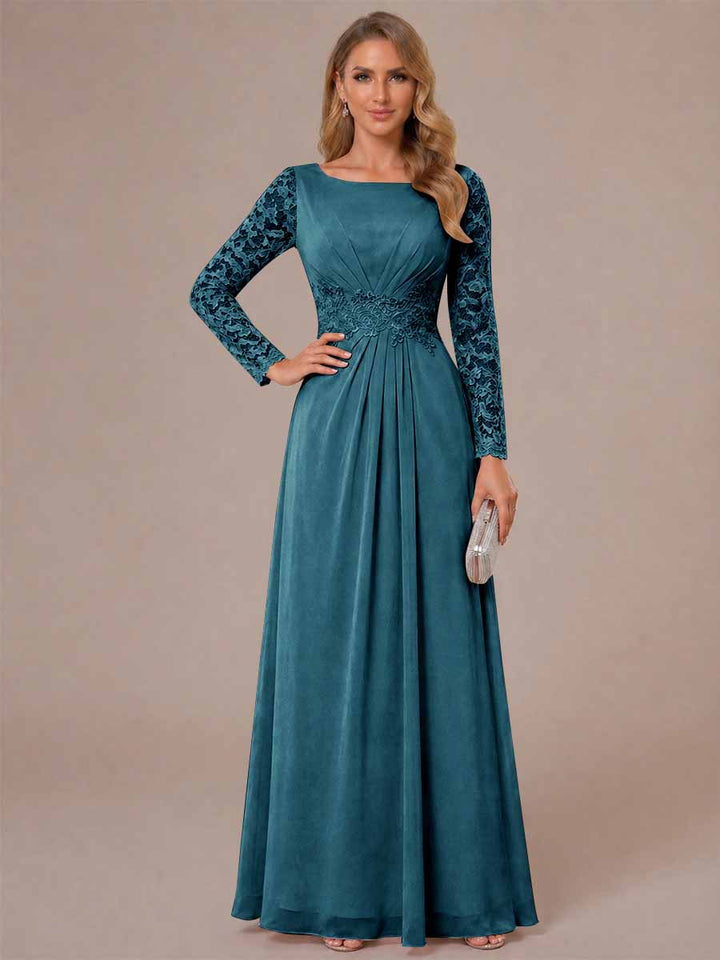 A-Line/Princess Scoop Long Sleeves Ruched Mother of the Bride Dresses with Appliques