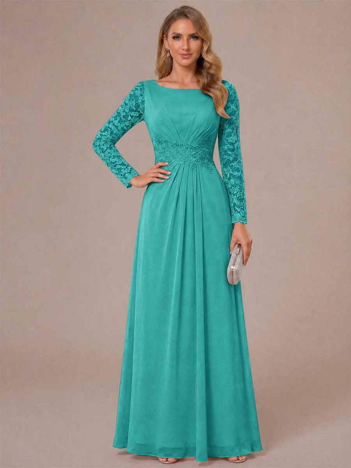 A-Line/Princess Scoop Long Sleeves Ruched Mother of the Bride Dresses with Appliques