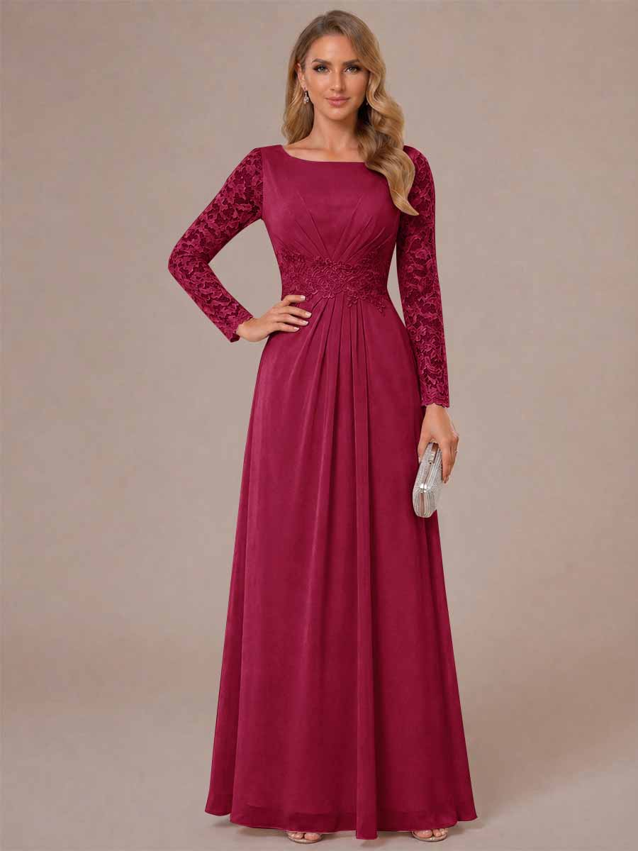 A-Line/Princess Scoop Long Sleeves Ruched Mother of the Bride Dresses with Appliques