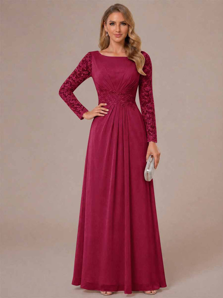 A-Line/Princess Scoop Long Sleeves Ruched Mother of the Bride Dresses with Appliques