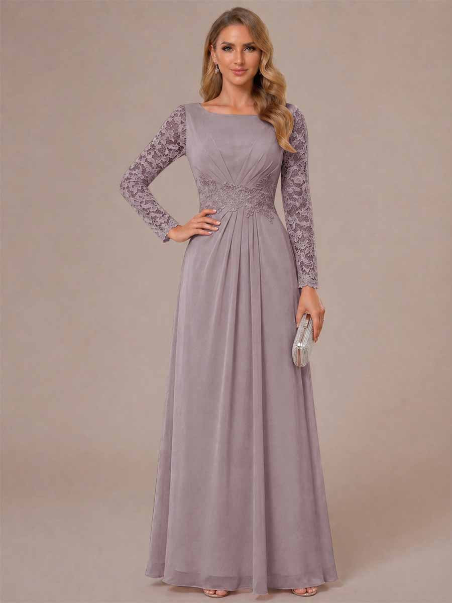 A-Line/Princess Scoop Long Sleeves Ruched Mother of the Bride Dresses with Appliques