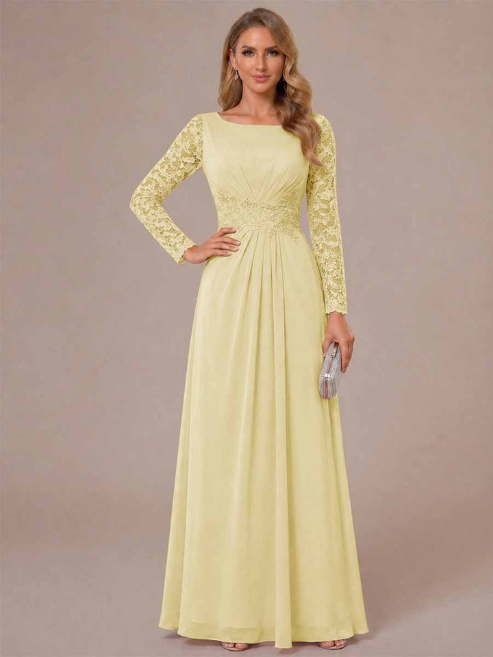 A-Line/Princess Scoop Long Sleeves Ruched Mother of the Bride Dresses with Appliques