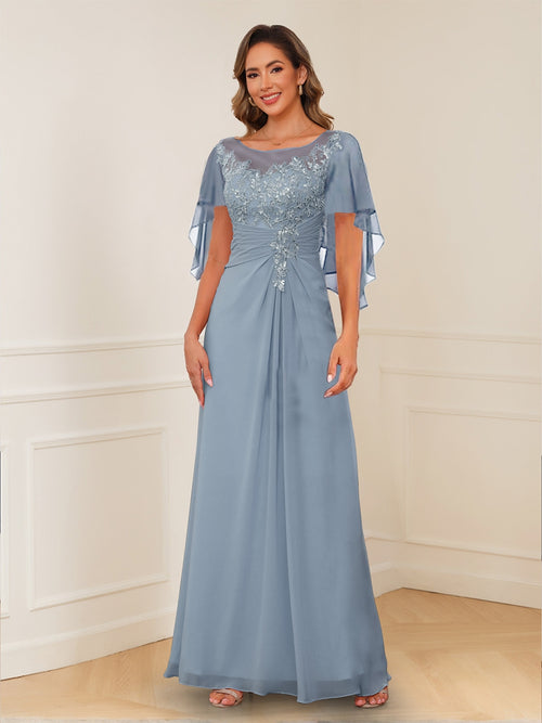 a line princess scoop neck mother of the bride dress A-Line/Princess Scoop Neck Half Sleeves Floor-Length Plus Size Mother of the Bride Dresses with Ruffles, As Pic