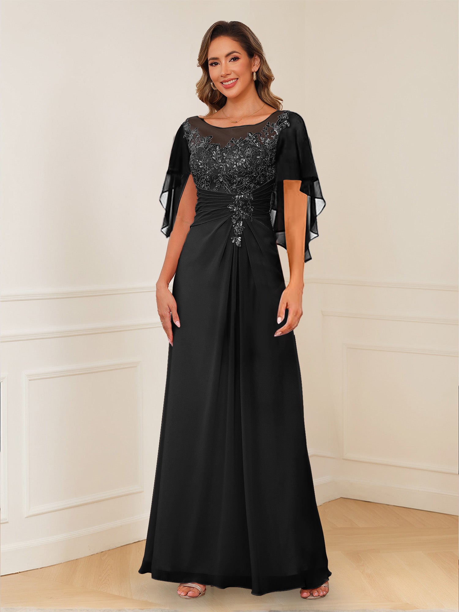 A-Line/Princess Illusion Scoop Appliques Ruched Mother of the Bride Dresses