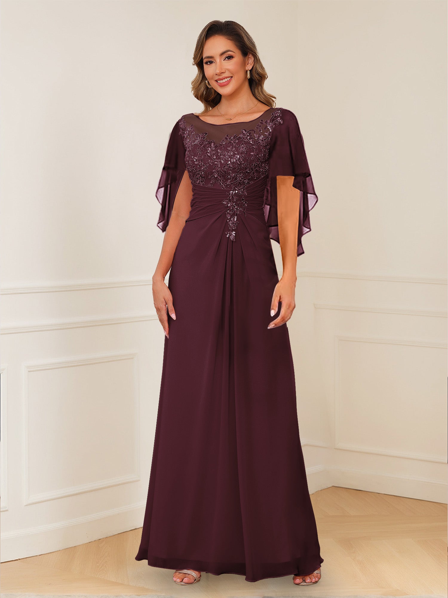 A-Line/Princess Illusion Scoop Appliques Ruched Mother of the Bride Dresses