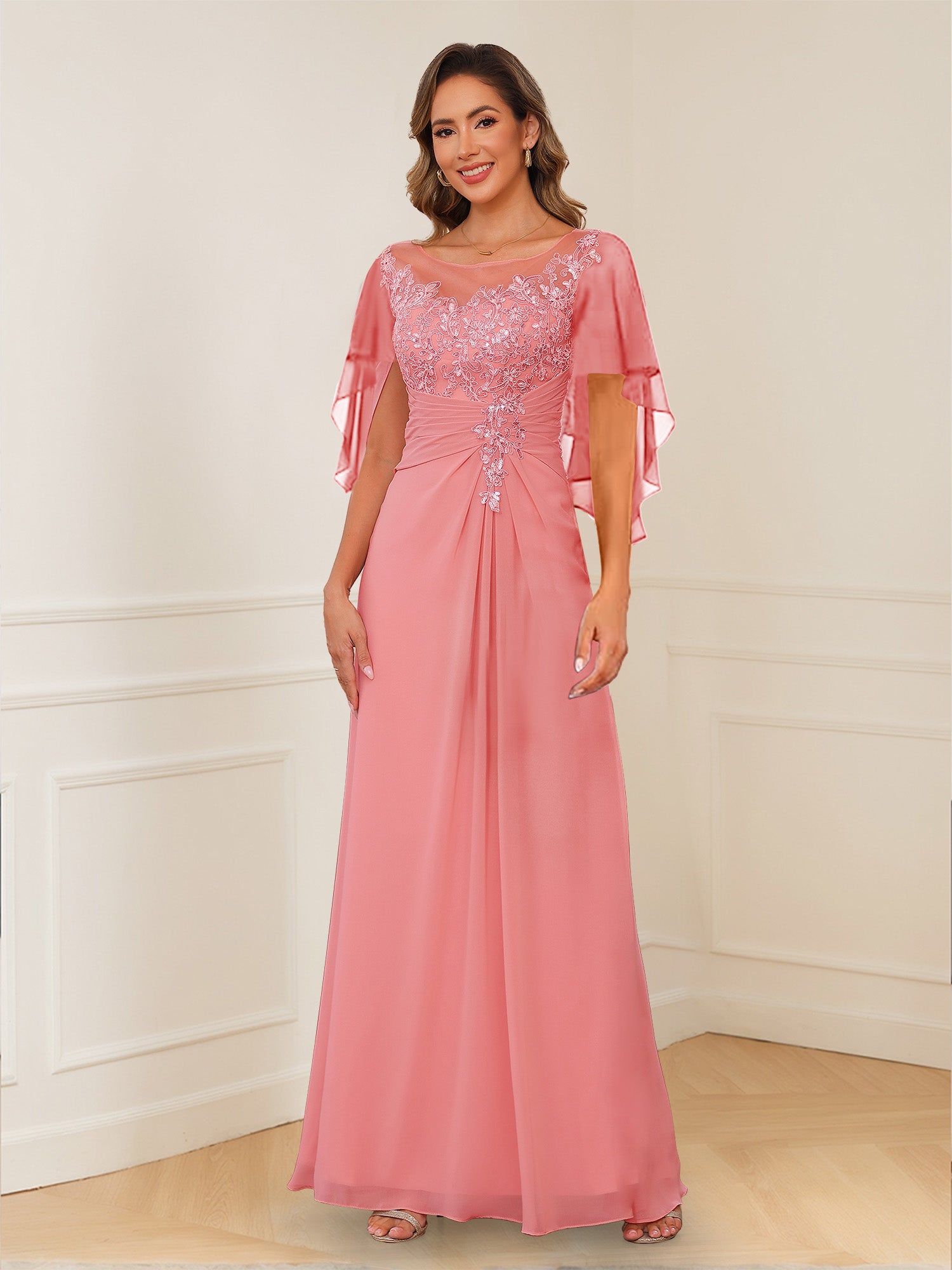 A-Line/Princess Illusion Scoop Appliques Ruched Mother of the Bride Dresses