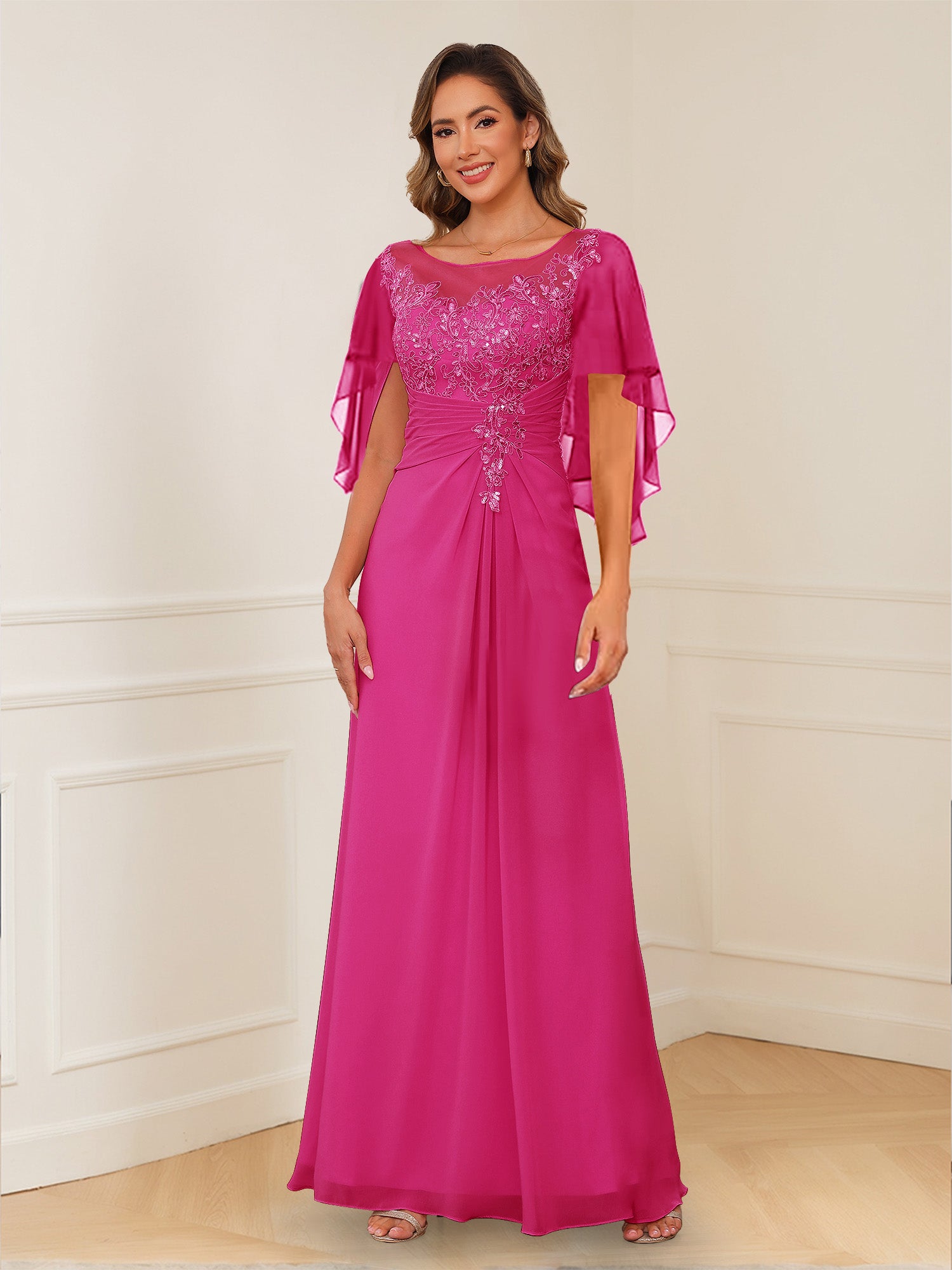A-Line/Princess Illusion Scoop Appliques Ruched Mother of the Bride Dresses