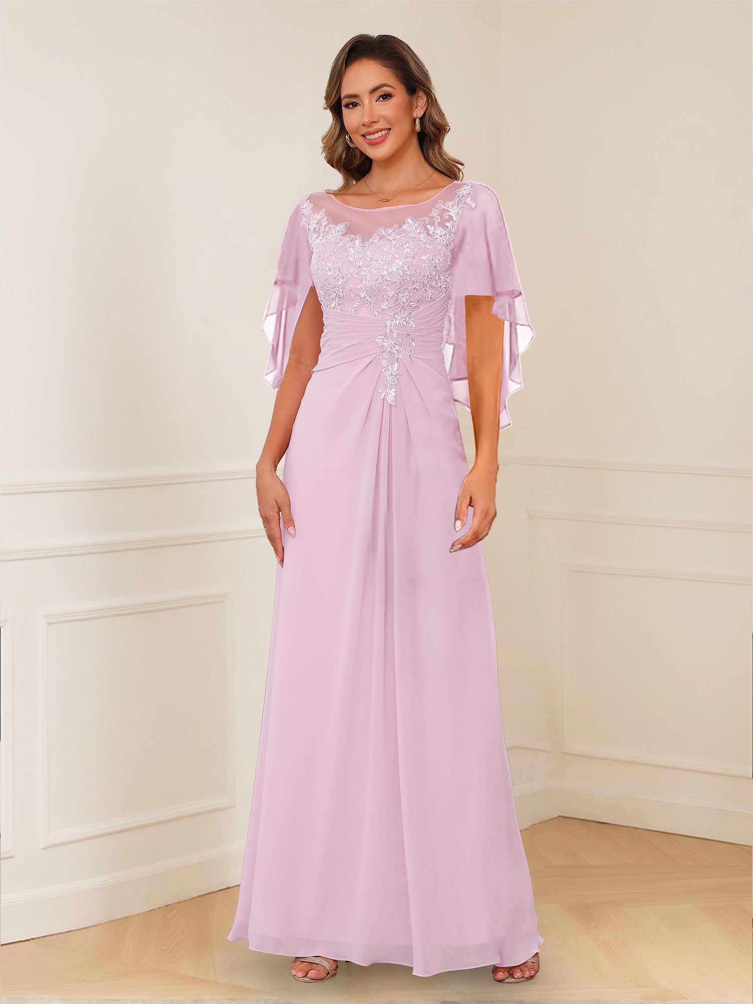 A-Line/Princess Illusion Scoop Appliques Ruched Mother of the Bride Dresses