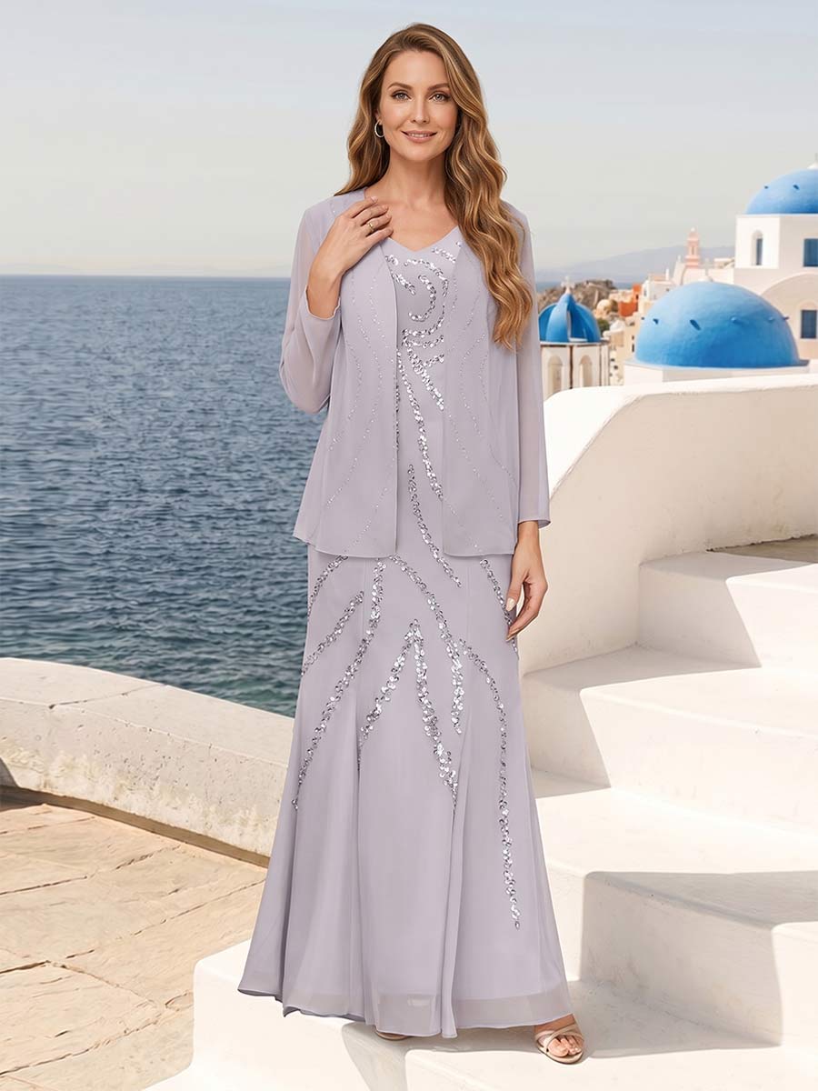 Silver Mother of the Bride Dresses Eleagnt for Women Sheath/Column V-Neck Ankle-Length Beading Evening Gowns with Jackets & Sequins
