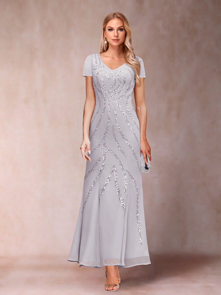 Sheath/Column V-Neck Ankle-Length Evening Dresses With Jacket &amp; Sequins