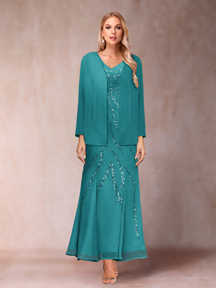 Sheath/Column V-Neck Ankle-Length Evening Dresses With Jacket &amp; Sequins