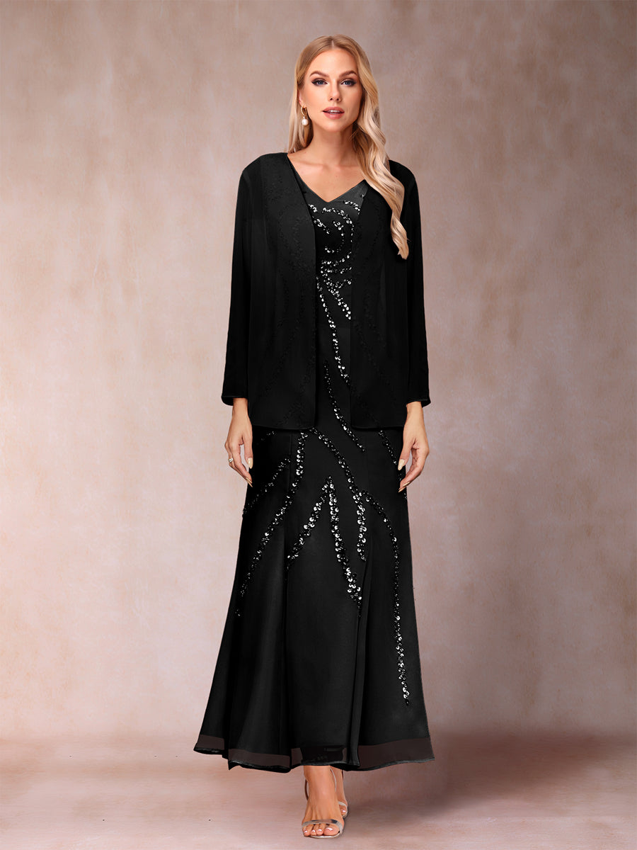 Sheath/Column V-Neck Ankle-Length Evening Dresses With Jacket &amp; Sequins