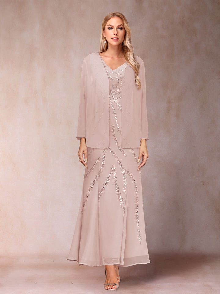 Sheath/Column V-Neck Ankle-Length Evening Dresses With Jacket &amp; Sequins