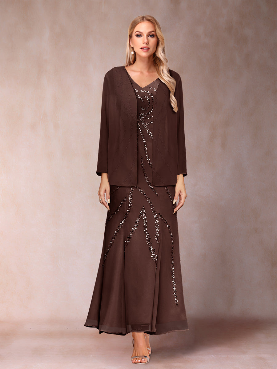 Sheath/Column V-Neck Ankle-Length Evening Dresses With Jacket &amp; Sequins